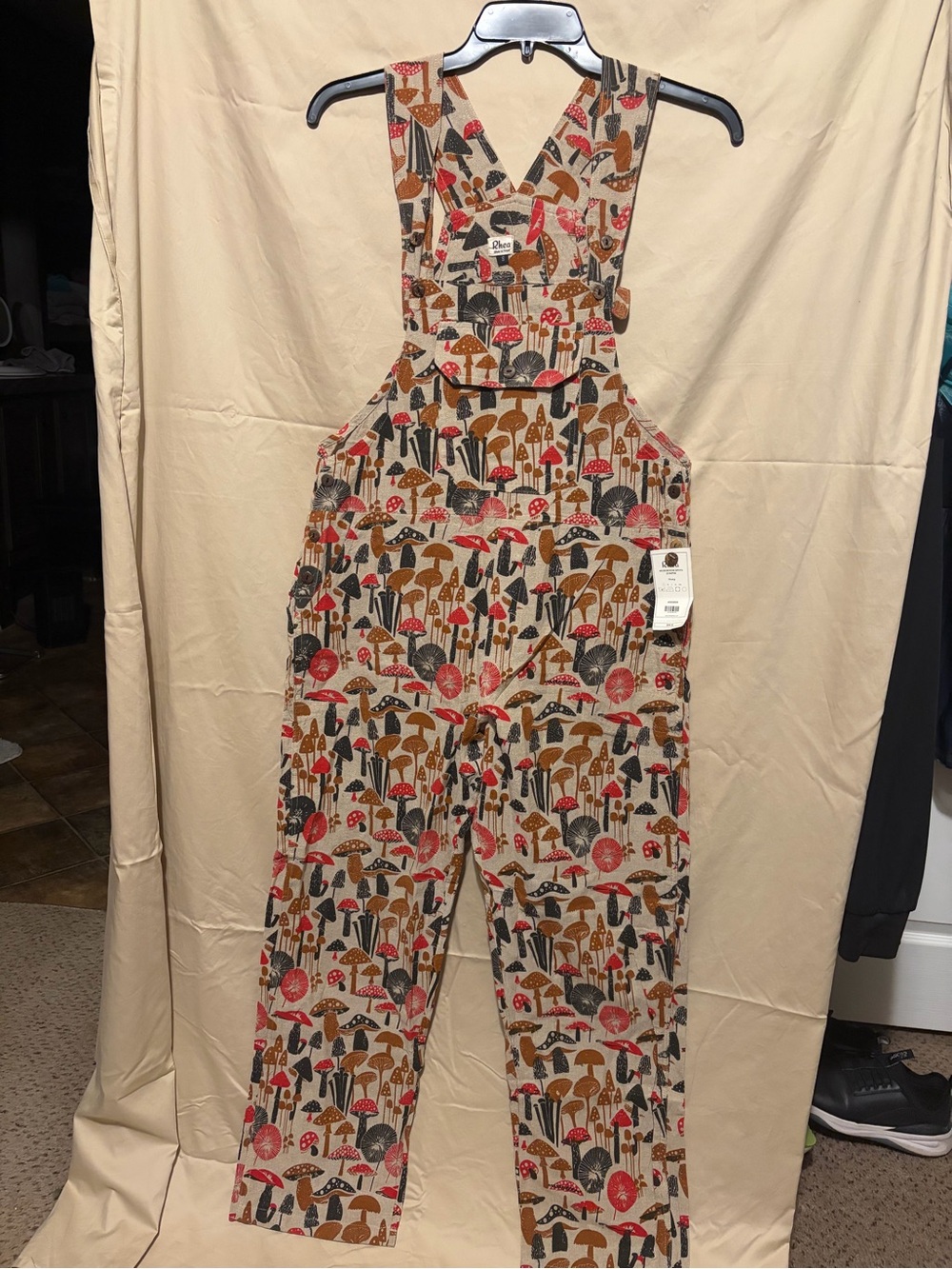 Neutral Mushroom-Print Utility Overalls Jumpsuit
